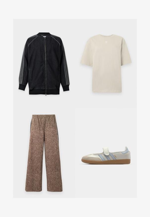 Sort lynlåstrøje med ribbet krave og manchetter, med tre lysegrå striber, der løber langs ærmerne fra skulder til håndled.; Beige T-shirt med korte ærmer lavet af bomuld, med rund hals og lille hvidt Adidas-logo trykt på brystet. Blød tekstur, løs pasform.; Brune bukser med vide ben og et beige dyreprintmønster, elastisk linning og kontrasterende sorte sidestriber. Blød stoftekstur.; adidas Originals SAMBA JANE BALLERINA - Ballerinasko m/ rem - cloud white/halo blue
