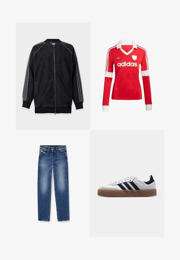 Veste noire à fermeture éclair avec col et poignets côtelés, avec trois rayures gris clair longeant les manches de l'épaule au poignet.; Maillot de football à manches longues rouge avec un col et des poignets blancs. Présente trois rayures blanches sur les épaules et le logo "adidas" affiché en évidence.; Jean en denim bleu moyen avec une finition délavée. Comprend cinq poches, des passants de ceinture et une coupe droite. Les accents de broderie sont visibles.; Baskets en cuir blanc avec des rayures noires, semelle extérieure en caoutchouc beige, bout rond, fermeture lacée et embout en suède gris doux.