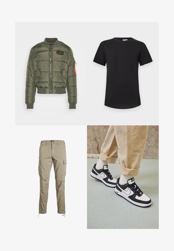 Olijfgroene pufferjack met horizontale stiksels, ribbelmanchetten en -zoom, ritssluiting en een rode accent op de mouwzak.; Zwart T-shirt met korte mouwen en ronde hals, rechte zoom en een klein merkje aan de binnenkant van de kraag.; Jack & Jones Cargo Tapered Fit - Cargobroek - dune; Zwart-witte Nike Air Force 1 sneakers met een leren bovenwerk, geperforeerde neus en gestructureerde zooldetails, gedragen met opgerolde beige broek en witte sokken.