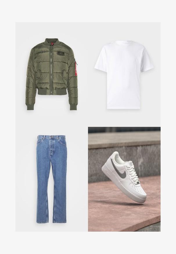 Olivengrøn puffjakke med vandret syninger, ribstrikkede manchetter og kant, lynlåslukning og en rød accent på lommeærmet.; Hvid kortærmet t-shirt lavet af bomuld med rund hals, der har en glat tekstur og et simpelt design uden mønstre eller accenter.; Blå denimjeans med lige pasform, fem lomme-design, bæltestropper og knaplukning. Stoffet har en blød, struktureret finish.; Hvid Nike Air Force 1 sneaker med gråt swoosh-logo svævende over en stensurface og en grå stenvæg i baggrunden.