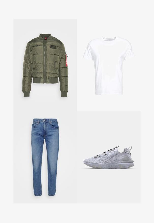 Olijfgroene pufferjack met horizontale stiksels, ribbelmanchetten en -zoom, ritssluiting en een rode accent op de mouwzak.; Witte katoenen t-shirt met een ronde hals en korte mouwen, in een klassiek model met een gladde textuur. Geen patronen of hardware zichtbaar.; Levi's® 502™ TAPER HI BALL - Slim fit jeans - dolf bombay adv; Lichtgrijze sportschoen met een ademend mesh bovenwerk, een geprofileerde rubberen zool en reflecterende accenten. Bevat een gevoerde kraag en een vetersluiting.