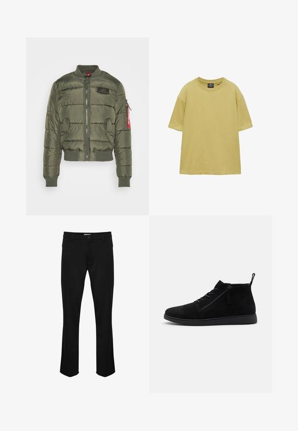 Olivengrøn puffjakke med vandret syninger, ribstrikkede manchetter og kant, lynlåslukning og en rød accent på lommeærmet.; Plain olivengrøn t-shirt med korte ærmer og rund hals i en afslappet pasform, vist mod en hvid baggrund.; Solid SDFREDERIC REGULAR FIT - Chino - black; Sorte ruskind ankelstøvler har en rund tå, snørebånd foran og en lynlås i siden. Sålen er flad med en tekstureret overflade for bedre greb.