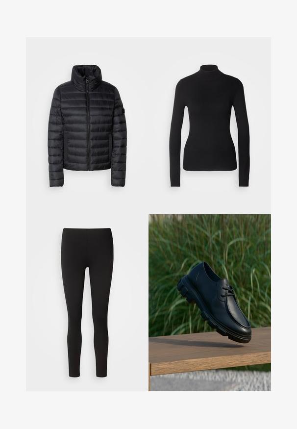 Schwarze Pufferjacke mit hohem Kragen, mit gesteppten Paneelen, einem Reißverschluss auf der Vorderseite und elastischen Seitentaschen. Leichtes und kompaktes Design.; Schwarzer Rollkragenpullover aus leichtem Strickgewebe. Mit langen Ärmeln, taillierter Passform und weichem Ripptextil.; Schwarze Leggings aus elastischem Stoff mit nahtlosem Bund, figurbetontem Design und glatter Textur, geeignet für verschiedene Aktivitäten.; Schwarzer Lederschnürschuh mit dicker Profilsohle, der über einer Holzbank mit hohem grünem Gras im Hintergrund schwebt.