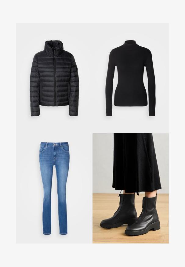 Sort pufferjakke med høj krave, der har quiltede paneler, en frontlynlås og elastiske sidelommer. Letvægts- og kompakt design.; Sort turtleneck sweater lavet af let strikket stof. Har lange ærmer, et tætsiddende design og en blød ribbet tekstur.; Blå denim jeans med en tætsiddende pasform, fem lommer og et diskret falmet mønster. Fremstillet af blødt, strækbart stof med en standard knaplukning.; Sorte læder ankelstøvler med en kraftig platformsål og en frontlynlås. Glat tekstur med et minimalistisk design.