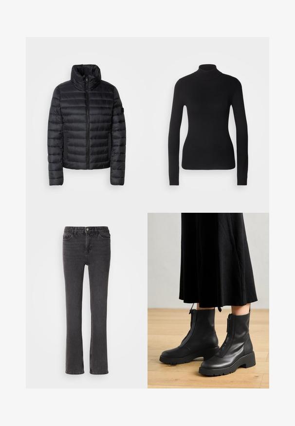 Schwarze Pufferjacke mit hohem Kragen, mit gesteppten Paneelen, einem Reißverschluss auf der Vorderseite und elastischen Seitentaschen. Leichtes und kompaktes Design.; Schwarzer Rollkragenpullover aus leichtem Strickgewebe. Mit langen Ärmeln, taillierter Passform und weichem Ripptextil.; Schwarze Denim-Jeans mit geradem Bein, ausgestattet mit Fronttaschen, einem Reißverschluss und dezenten Steppdetails. Der Stoff hat eine leichte Textur.; Schwarze Lederstiefeletten mit einer dicken Plattformsohle und einem Reißverschluss vorne. Glatte Textur mit einem minimalistischen Design.