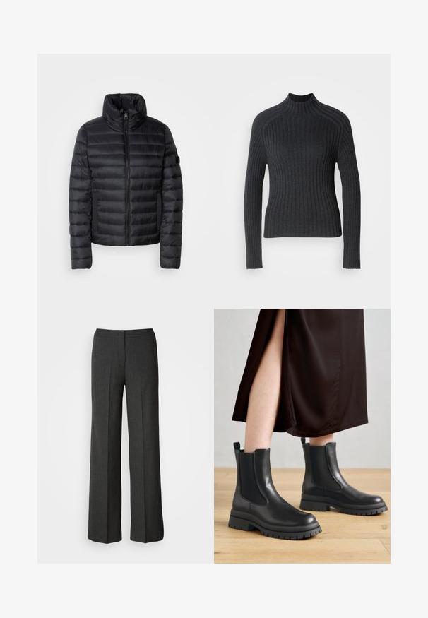 Schwarze Pufferjacke mit hohem Kragen, mit gesteppten Paneelen, einem Reißverschluss auf der Vorderseite und elastischen Seitentaschen. Leichtes und kompaktes Design.; Dunkelgrauer, gerippter Pullover mit langen Ärmeln und hohem Kragen, der sich durch eine körpernahe Passform und eine subtile Textur auszeichnet.; Weite Hose in Dunkelgrau, aus strukturiertem Stoff. Verfügt über einen anliegenden Bund und ein dezentes Nadelstreifenmuster.; Schwarze Leder-Stiefeletten mit elastischen Seitenpaneelen, groben Gummisohlen und Laschen an der Ferse; kombiniert mit einem dunkelbraunen Midikleid.