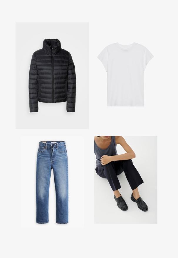 Chaqueta acolchada negra con cuello alto, que presenta paneles acolchados, un cierre frontal y bolsillos laterales elásticos. Diseño ligero y compacto.; Camiseta blanca de manga corta con cuello redondo, corte relajado, hecha de suave tela de algodón. Textura lisa, sin estampados ni logotipos.; Vaqueros de mezclilla azul con cintura alta, diseño de pierna recta y áreas desgastadas. Presentan bolsillos frontales y herrajes de metal.; Mocasines de cuero negro con detalles texturizados, tacón bajo, puntera redonda y costuras visibles. Modelo vistiendo pantalones oscuros y una blusa gris.