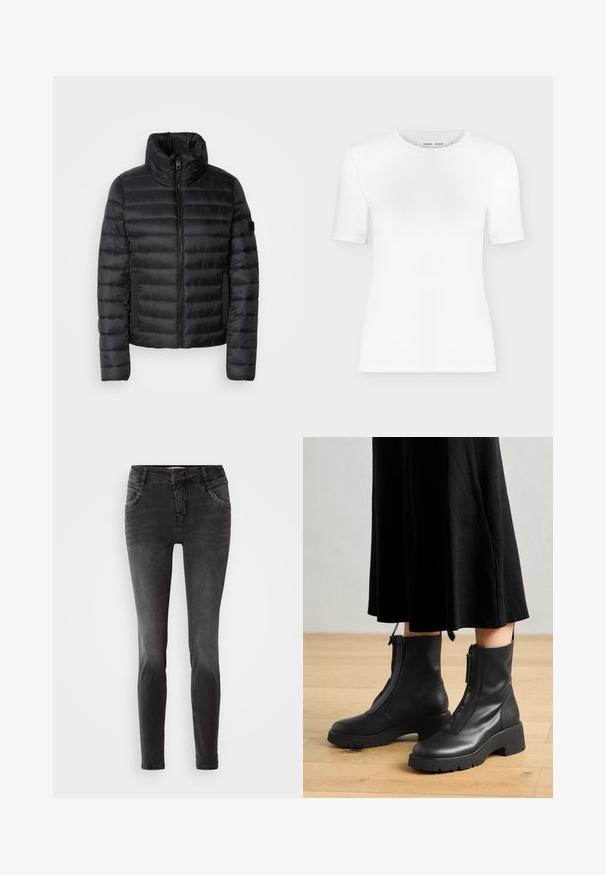Schwarze Pufferjacke mit hohem Kragen, mit gesteppten Paneelen, einem Reißverschluss auf der Vorderseite und elastischen Seitentaschen. Leichtes und kompaktes Design.; Weißes T-Shirt mit kurzen Ärmeln und Rundhalsausschnitt, schlanker Passform und gerippter Stoffstruktur, dargestellt vor einem schlichten hellgrauen Hintergrund.; Schwarze Slim-Fit-Jeans aus Denim, mit einem frontalen Knopfverschluss, Nietenverzierungen an den Taschen und einer glatten Textur.; Schwarze Lederstiefeletten mit einer dicken Plattformsohle und einem Reißverschluss vorne. Glatte Textur mit einem minimalistischen Design.