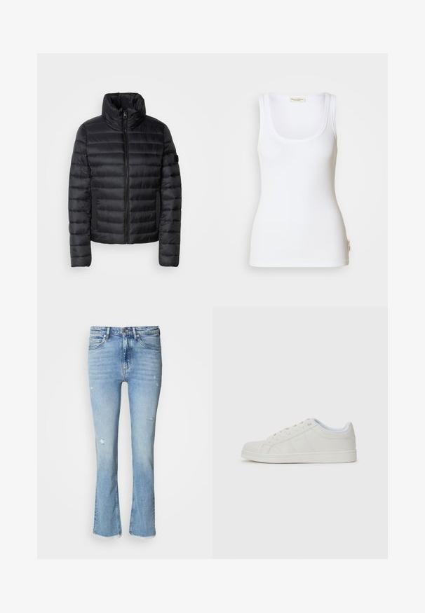Chaqueta acolchada negra con cuello alto, que presenta paneles acolchados, un cierre frontal y bolsillos laterales elásticos. Diseño ligero y compacto.; Camiseta sin mangas blanca con canalé, escote redondo y tirantes anchos. Presenta una etiqueta con el logo en el dobladillo lateral. Hecha de tela suave y elástica.; Jeans acampanados de mezclilla azul claro con detalles desgastados, cinco bolsillos, cierre de botón y dobladillo deshilachado en los tobillos.; Zapatillas blancas con upper de cuero liso, punta redonda, suela plana y detalles sutiles en los paneles laterales. Diseño con cordones y un interior suave.