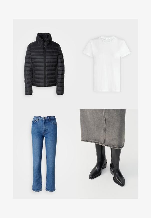 Chaqueta acolchada negra con cuello alto, que presenta paneles acolchados, un cierre frontal y bolsillos laterales elásticos. Diseño ligero y compacto.; Camiseta blanca lisa de manga corta y cuello redondo, colocada plana sobre un fondo gris claro, mostrando la parte delantera con etiqueta dentro del escote.; Jeans de mezclilla azul con corte recto, que presentan un diseño clásico de cinco bolsillos, costuras naranjas y un cierre de botón.; Botas de cowboy de piel negra con punta afilada y tacón grueso, con un acabado suave y un diseño elegante, combinadas con una falda gris.