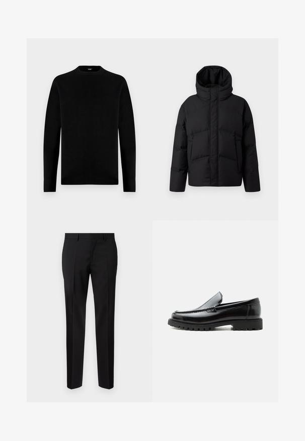DRYKORN NOTAN - Winterjas - black; Zwarte lange mouwen crew neck trui met een eenvoudig, effen ontwerp en een klein merkembleem binnenin de kraag.; Zwarte op maat gemaakte broeken van een gladde stof, met een rechte pijp, verfijnde plooidetails en een klassieke tailleband met riemlussen.; Zwarte leren loafer met dikke rubberen zool, gestikte bovenkant en gegraveerde merknaam op de hiel, zijaanzicht op witte achtergrond.