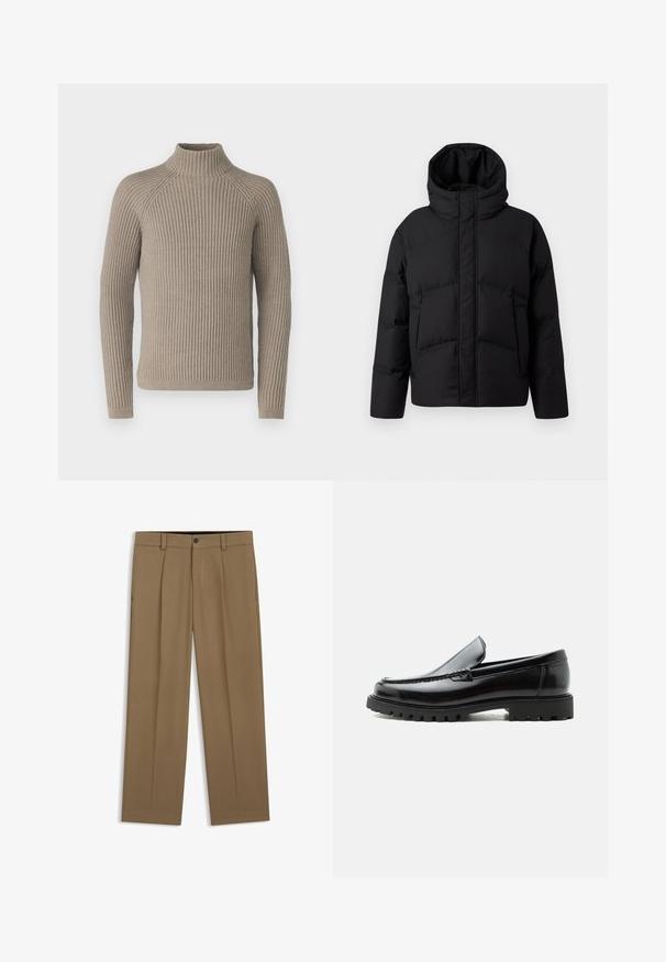 DRYKORN NOTAN - Veste d'hiver - black; Pull à col roulant côtelé beige avec des manches longues, présentant une silhouette ajustée et un motif en tricot texturé. Fabriqué à partir d'un matériau doux.; Pantalon droit marron avec passants de ceinture, bouton sur le devant et fermeture éclair, présenté à plat sur fond blanc.; Mocassin en cuir noir avec semelle en caoutchouc épaisse, dessus cousu et nom de marque embossé sur le talon, présenté de profil sur fond blanc.
