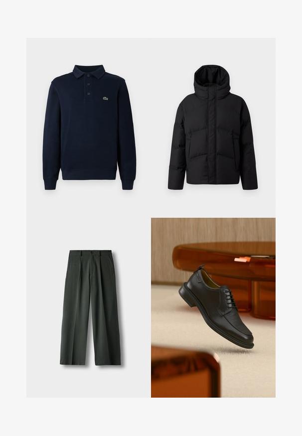 DRYKORN NOTAN - Vinterjakker - black; Mørkeblå langærmet polo t-shirt med knaplukning og lille grøn krokodille-logo på brystet.; Mørkegrønne bukser med vide ben, frontplisseringer, sidelommer, bæltestropper og knaplukning på en ensfarvet hvid baggrund.; Sort lædersko med snørebånd og tekstureret front, svævende over beige tæppe i et moderne rum med møbler i ravfarvet toning.