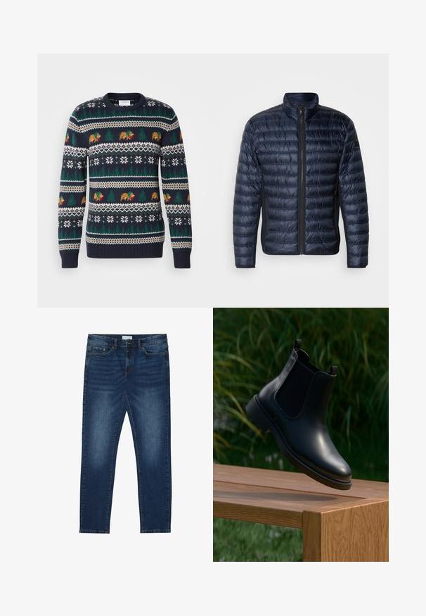 Veste rembourrée bleu marine avec des coutures en quilt horizontal, col montant et fermeture éclair à l'avant. Dispose de poches latérales et d'une texture lisse et brillante.; Pull en tricot bleu marine avec un motif de vacances comprenant des ours, des arbres et des flocons de neige en vert, marron et blanc. Bords côtelés aux poignets et à l'ourlet.; Jean slim-fit bleu foncé avec des détails délavés, design classique à cinq poches, fermeture à bouton et passants de ceinture.; Bottine en cuir noir avec des panneaux latéraux en élasthanne flottant au-dessus d'un banc en bois, arrière-plan de feuillage vert.