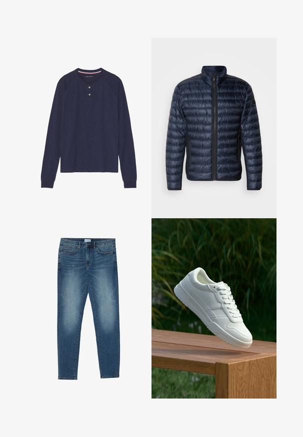 Chaqueta acolchada de color azul marino con costuras acolchadas horizontales, cuello alto y cierre con cremallera. Cuenta con bolsillos laterales y una textura suave y brillante.; Camiseta henley de manga larga azul marino con escote redondeado, tapeta con dos botones y puños acanalados. Textura suave, diseño casual.; Vaqueros de mezclilla en azul medio con un lavado descolorido, diseño de cinco bolsillos, corte recto y acentos cosidos. Cierre con botón y cremallera.; Zapatilla de cuero blanca con una textura suave, que presenta un diseño perforado, cordones clásicos y suela de goma, posicionada sobre una superficie de madera.
