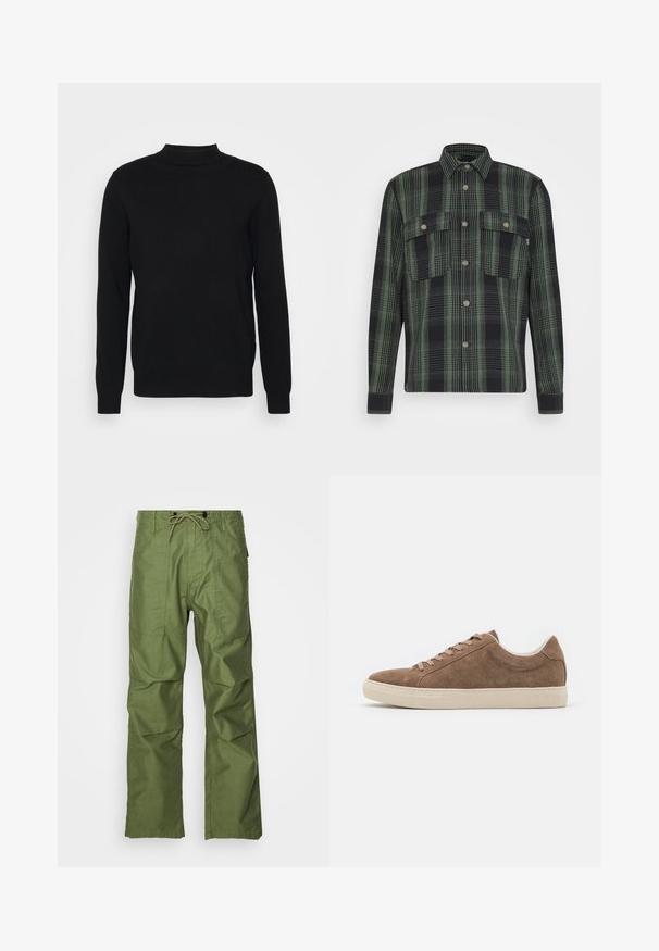 Only & Sons ONSSCOTT OVERSHIRT - Ľahká bunda - duck green; Čierny pulóver zo soft tkaniny s vysokým golierom a dlhými rukávmi. Jednoduchý dizajn, bez vzorov alebo ozdôb.; Olivové zelené cargo nohavice vyrobené z ľahkého materiálu. Značkami sú stiahnuteľný pás, dve predné vrecká a voľný strih.; Hnedé semišové voľnočasové tenisky s nízkym profilom, plochou béžovou gumovou podrážkou a šiestimi dierkami na šnúrky. Zaoblená špička a minimalistický dizajn.