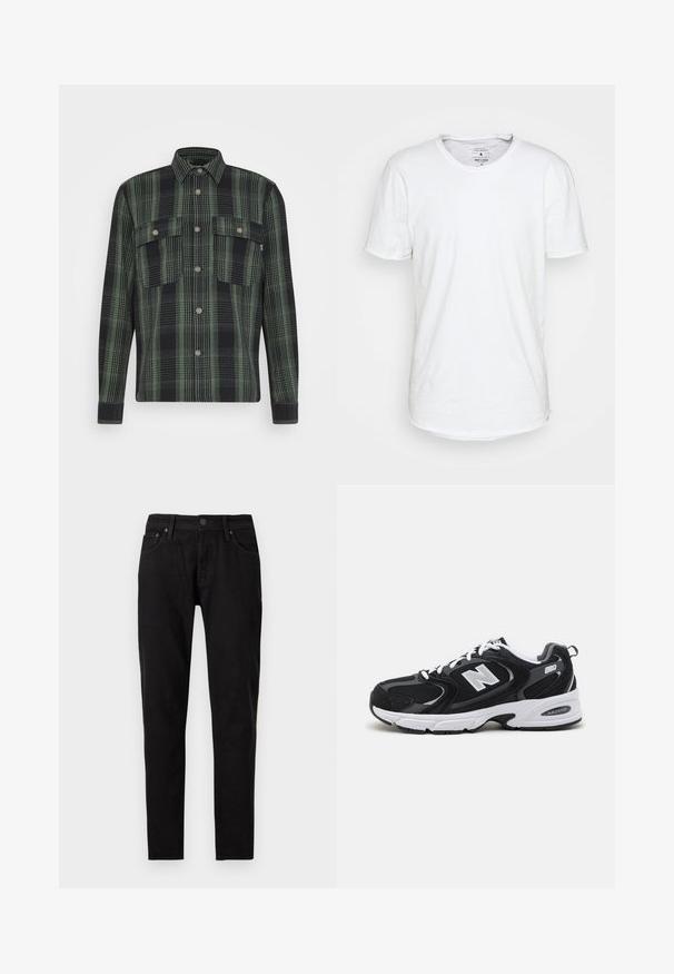 Only & Sons ONSSCOTT OVERSHIRT - Ελαφρύ μπουφάν - duck green; Λευκό κοντομάνικο μπλουζάκι από βαμβάκι με κλασική στρογγυλή λαιμόκοψη. Διαθέτει ελαφρώς καμπυλωτό στρίφωμα και ελάχιστες λεπτομέρειες ραφής.; Μαύρο στενό τζιν με μπροστινό κουμπί και φερμουάρ, θηλιές για ζώνη και δύο μπροστινές τσέπες, ορατά σε λευκό φόντο.; Μαύρα και γκρι αθλητικά παπούτσια με ανώτερο μέρος από δίχτυ και σουέτ, διαθέτοντας λευκή ενδιάμεση σόλα, κορδόνια και έντονο λογότυπο "N" στο πλάι.