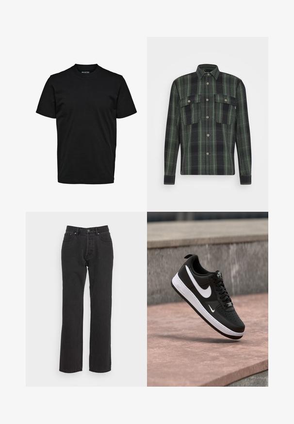 Only & Sons ONSSCOTT OVERSHIRT - Ľahká bunda - duck green; Jednoduché čierne tričko s krátkym rukávom, okrúhlym výstrihom a pravidelným strihom bez viditeľných vzorov alebo log.; Čierne džínsy s rovným strihom, s predným zapínaním na gombík, pútka na opasok a dvoma bočnými vreckami. Textúrovaná tkanina.; Čierno-biely teniska Nike Air Force 1 visiaca nad ružovým betónovým povrchom s pozadím zo sivého kameňa.