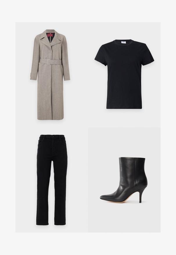 Longue trench-coat beige en tissu texturé. Comprend un col à revers, une taille ceinturée et des poches latérales. Lignes épurées et design minimaliste.; T-shirt noir à manches courtes en coton, avec un col rond et une texture simple et lisse, sans motif imprimé ni accents.; Jeans en denim noir avec des jambes droites, une taille mi-haute et cinq poches. Comprend une fermeture à bouton à l'avant et des passants de ceinture.; Bottine en cuir noir à bout pointu, avec un talon aiguille fin et une texture lisse. Design minimaliste sans matériel ou accents visibles.