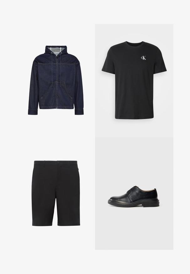 Mørkeblå denimjakke med hætte, lynlås foran, snoretræk og to forlommer. Detaljer med kontrastsyning og lange ærmer.; Sort t-shirt med korte ærmer og rund halsudskæring samt lille hvid "cK"-logo på øverste venstre bryst.; Sorte shorts lavet af letvægtsstof, med flad front, standard linning og sidelommer. Glat tekstur uden synlige mønstre.; Sorte læder oxford sko med rund tå, snørebånd foran og lav, stablet hæl på lys baggrund.