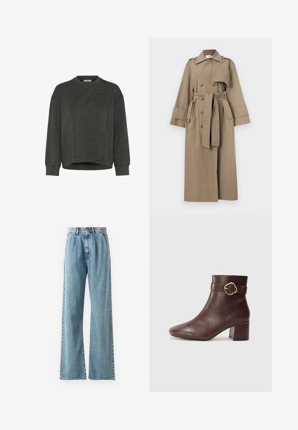 Lange beige trenchcoat met dubbele rij knopen, tailleceintuur, brede manchetten en schouderepauletten op een effen achtergrond.; Donkergrijze sweatshirt met een ronde hals, lange mouwen, een asymmetrisch ontwerp en een zachte textuur. Heeft een ontspannen pasvorm en minimale stikdetails.; Lichtblauwe high waist wijde jeans gemaakt van denim, met een knoopsluiting, prominente plooien en gestikte zakken.; Bordeaux leren enkellaars met een puntige neus, een mid-height blokhak en een decoratieve gouden accent op de enkelriem.