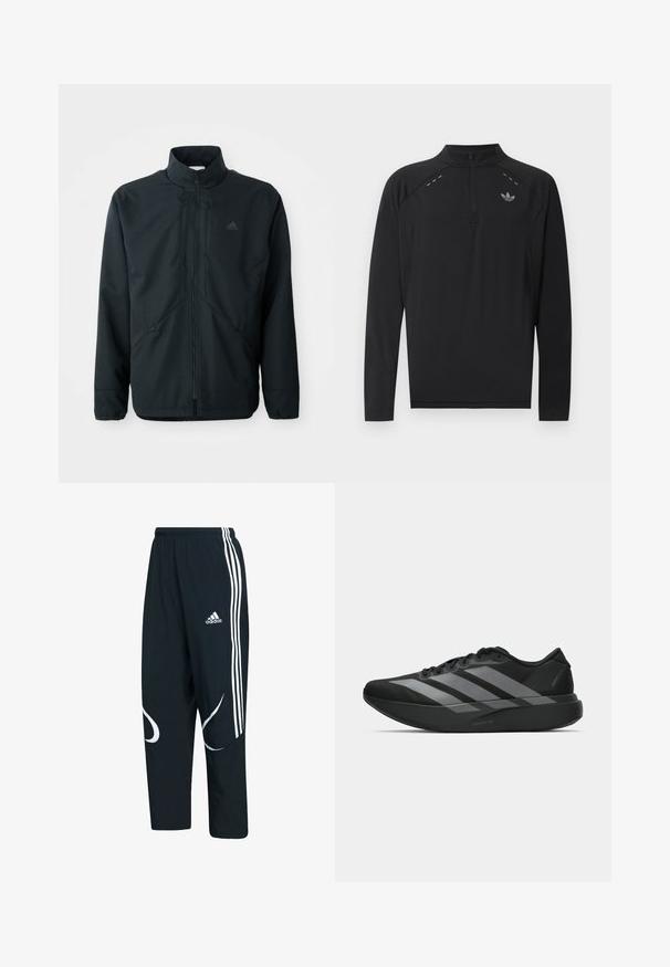 Veste noire légère avec un col montant, fermeture éclair et un motif texturé subtil. Comprend des cordons ajustables et des poches latérales.; Haut de sport noir à manches longues avec zip quart, col haut, logo adidas réfléchissant sur la poitrine et petits détails de couture réfléchissants aux épaules.; Pantalons de sport noirs avec des rayures blanches et un logo, offrant une coupe ample, une taille élastique et des motifs blancs courbés sur les côtés.; Chaussures de sport noires au design léger, présentant trois rayures grises marquées, une texture lisse et une semelle profilée.