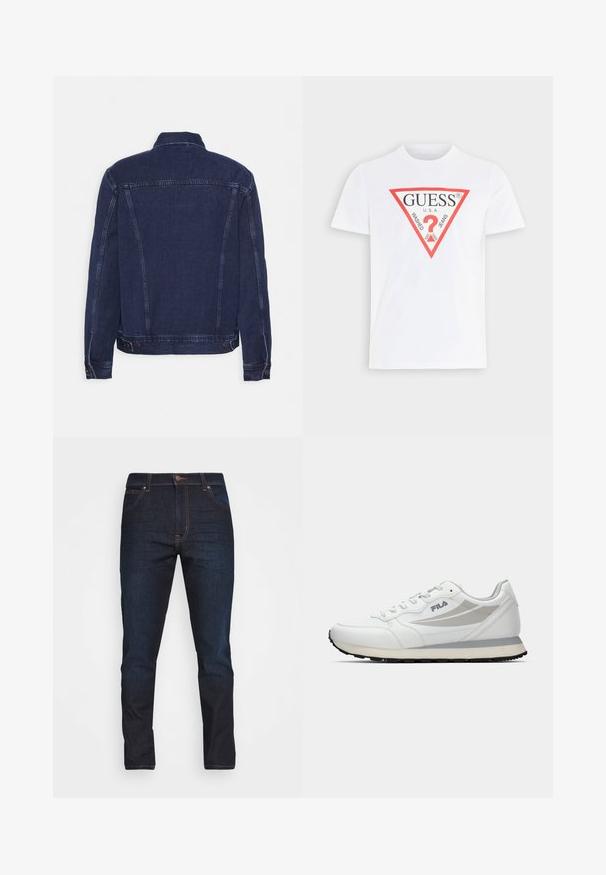 Veste en denim bleu foncé avec un col structuré, des coutures apparentes et des boutons décoratifs aux poignets et à l'ourlet. Texture lisse et coupe classique.; T-shirt blanc à manches courtes avec un logo triangulaire rouge Guess comprenant un point d'interrogation rouge et un texte noir "GUESS U.S.A. Washed Jeans."; Jean en denim bleu foncé à coupe slim, avec cinq poches et fermeture à bouton. Présente des coutures contrastantes et une texture lisse.; Chaussure de sport blanche avec une tige en cuir lisse, des accents gris, un bout arrondi, un système de laçage et une semelle en caoutchouc texturée.