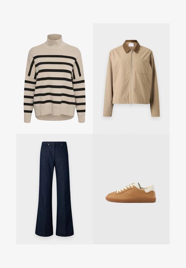 Veste beige avec un col en suède marron, une fermeture éclair avant et une poche poitrine. Présente une coupe légèrement courte et une texture de tissu lisse.; Pull à col roulé beige avec des rayures horizontales noires. Présente des épaules tombantes, des poignets côtelés et une coupe décontractée. Texture en maille douce.; Jean en denim bleu foncé évasé avec une taille haute, des poches avant et des accents en métal doré. Texture lisse et design à jambe large.; Baskets en cuir marron avec fermeture à lacets crème, finition texturée et accent talon blanc orné de détails cloutés. Semelle en caoutchouc.