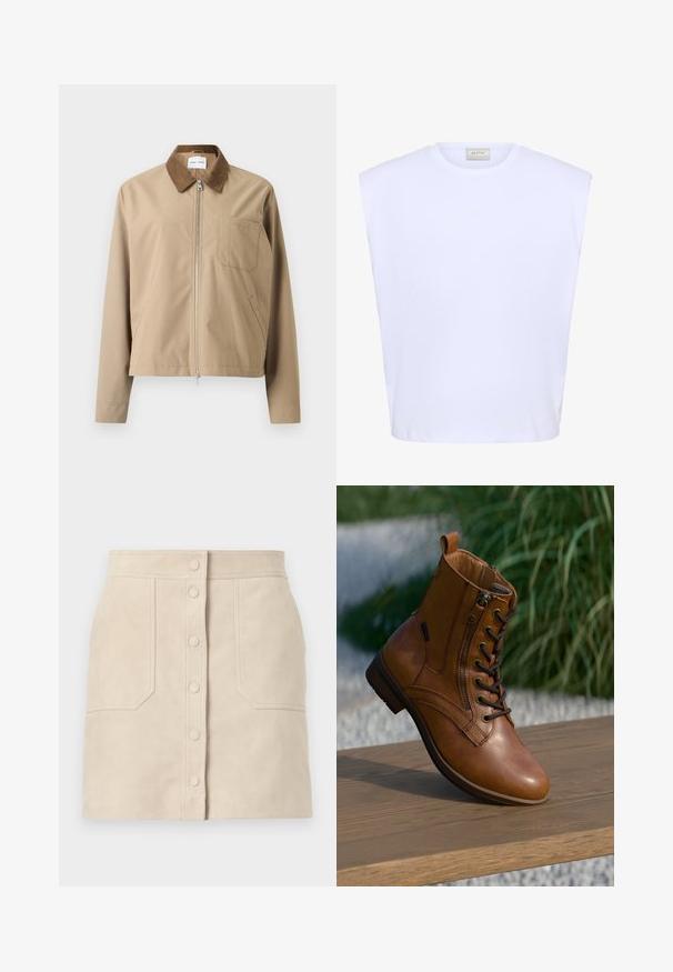 Beige jakke med brun ruskindskrave, lynlås foran og en brystlomme. Har en let kortet pasform og glat stoftekstur.; Hvid ærmeløs top med strukturerede skuldre, rund halsudskæring og subtilt præget logo foran i midten.; Beige ruskind mininederdel med trykknapper foran og to store forlommer, lige snit og syningsdetaljer.; Brun læderankelstøvle med lynlås på siden og snørebånd, placeret på en træoverflade udendørs med sløret grønt område i baggrunden.