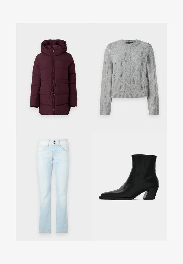Burgunderfarbene Pufferjacke mit Kapuze, ausgestattet mit einem Reißverschluss auf der Vorderseite, elastischem Kordelzug an der Taille und gestepptem Material. Lange Ärmel mit leichter Taillierung.; Grauer, gestrickter Pullover mit langen Ärmeln, Rundhalsausschnitt und gerippten Bündchen und Saum, auf weißem Hintergrund präsentiert.; Helle blaue Schlagjeans aus Denim mit einem zwei Knopfverschluss, fünf Taschen und sanften Auswaschungen im gesamten Stoff.; Schwarze Leder-Stiefelette mit spitzem Zeh, schlanker Silhouette und klobigem quadratischem Absatz. Glatte Textur mit minimalen Nähdetails.