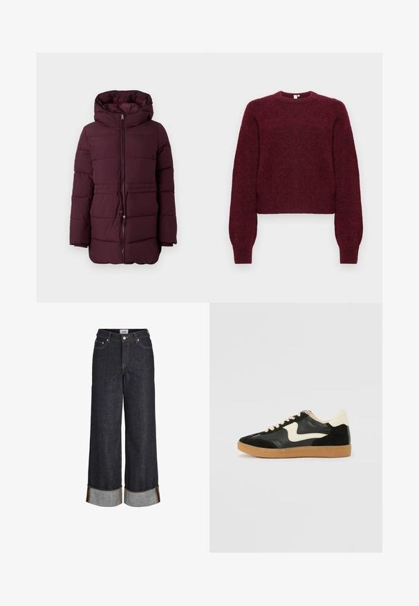 Bordeaux pufferjakke med hætte, med en frontlynlås, elastisk snøre i taljen og quiltet tekstur. Lange ærmer med let indsnævring.; Burgunderfarvet uldblandet crewneck-trøje med lange ærmer samt ribkanter ved ærmerne og nederst.; Mørkeblå jeans med brede ben og opbuk ved kanterne, fem lommer og kontrastfuld gul syning.; Sorte ruskinds- og lædersneakers med en cremefarvet side-swoosh og lys cremefarvet hæl. Har beige snørebånd og en gummirubber-sål.