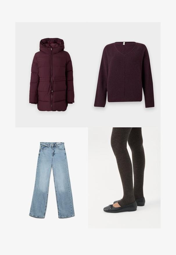 Bordeaux pufferjakke med hætte, med en frontlynlås, elastisk snøre i taljen og quiltet tekstur. Lange ærmer med let indsnævring.; V-hals sweater i mørkeblå, lavet af blødt, tekstureret stof. Har lange ærmer og ribstrikkede kanter ved ærmer og nederkant.; Lyseblå højtaljede jeans med vide ben, knap- og lynlås-lukning, for- og baglommer samt bæltestropper.; Ben iført mørke ribbede leggings kombineret med sorte balletsko med små sløjfedetaljer på hvid baggrund.