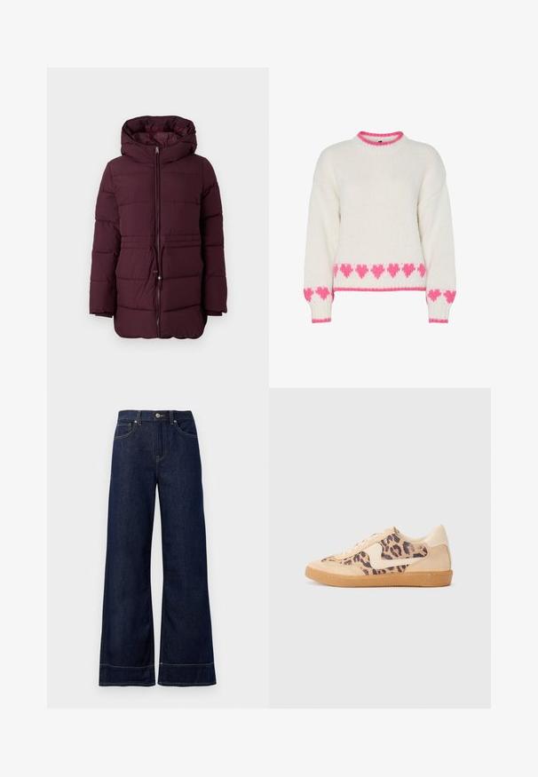 Chaqueta acolchada burdeos con capucha, que cuenta con un cierre frontales con cremallera, cintura con cordón elástico y textura acolchada. Mangas largas con ligera conicidad.; Suéter de punto blanco con patrón de corazones rosas a lo largo del dobladillo y los puños. Cuenta con un cuello redondo con ribete rosa. Textura suave y ajuste holgado.; Jeans rectos de mezclilla color azul oscuro. Presentan un cierre de botón, detalles de costura y bolsillos laterales. Dobladillo acampanado.; Zapatillas de leopardo con parte superior de ante beige, suela de goma marrón y acentos blancos. Punta redonda y diseño con cordones con un acabado texturado.