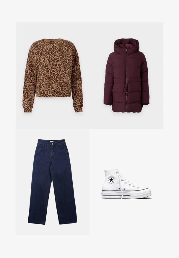 Bordeaux pufferjakke med hætte, med en frontlynlås, elastisk snøre i taljen og quiltet tekstur. Lange ærmer med let indsnævring.; Sweatshirt med leopardmønster i nuancer af brunt og sort. Fremstillet af blødt stof, har rund halsudskæring og lange ærmer med ribbede manchetter.; Mørkeblå denimbukser med lige ben, der har en frontknaplukning, bæltestropper og to forlommer.; Hvid højtop Converse Chuck Taylor All Star-sneaker med sort logo-patch og hvide snørebånd, vist på hvid baggrund.
