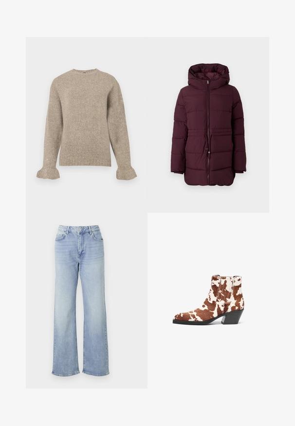 Doudoune bordeaux avec capuche, dotée d'une fermeture éclair à l'avant, d'une taille élastique à cordon de serrage et d'une texture matelassée. Manches longues avec une légère taper.; Pull en tricot beige avec un col rond, texture côtelée, manches longues et manches évasées. Design simple sans embellissements.; Jean large bleu clair en denim, avec une taille haute, cinq poches et un ourlet légèrement effiloché.; Boots de cowboy en fausse fourrure brun et blanche, avec un bout pointu et un talon carré moyen. Présente des panneaux élastiques sur les côtés pour un enfilage facile.