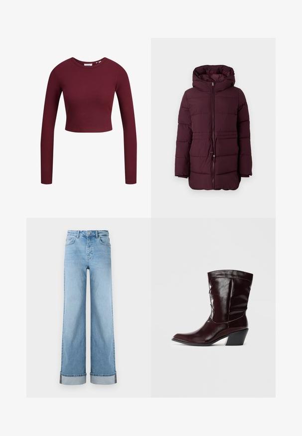Bordeaux pufferjakke med hætte, med en frontlynlås, elastisk snøre i taljen og quiltet tekstur. Lange ærmer med let indsnævring.; Bordeaux crop top, lange ærmer, ribbet tekstur, rund halsudskæring, blødt materiale, tætsiddende design. Etiketter vist ved halsen.; Lyseblå, vide jeans i klassisk denim med høj talje, prydet med opbrettede kanter og synlig søm.; Bordeaux læder ankelstøvler med spids tå, tekstureret overflade og en lav, taperet hæl. Har diskrete søm og en tætsiddende pasform.