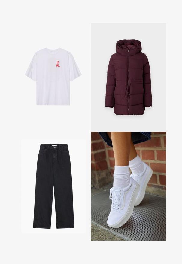 Doudoune bordeaux avec capuche, dotée d'une fermeture éclair à l'avant, d'une taille élastique à cordon de serrage et d'une texture matelassée. Manches longues avec une légère taper.; T-shirt en coton blanc à manches courtes, avec un graphique de botte de cowboy rouge sur le côté gauche de la poitrine. Texture douce, coupe décontractée.; Jeans en denim noirs taille haute à jambes larges avec fermeture à bouton et zip à l'avant, passants de ceinture et style à cinq poches.; Baskets en toile blanches avec semelles en caoutchouc, dotées de six œillets, d'un bout rond et de détails de couture légers, portées avec des chaussettes blanches mi-mollet.