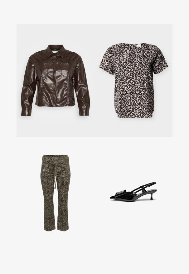 Braune Kunstlederjacke mit einem Kragen, Knopfverschluss, zwei Brusttaschen und einem cropped Saum. Glatte, glänzende Textur.; Kurzarm-Top mit Leopardenmuster in Beige und Schwarz. Rundhalsausschnitt mit einem Schlitz am Rücken. Weiche Stofftextur. Lockere Passform.; Elastische Hose mit Kordelzug im khaki und beigefarbenen Zebra-Muster. Mittlere Leibhöhe, ausgestellte Beinform, weicher Stoff. Geeignet für Freizeitkleidung.; Schwarze Lackleder-Slingbacks mit spitzer Zehenpartie, einer Schleifendetail an der Vorderseite und einem kleinen Stiletto-Absatz. Die Riemen haben verstellbare Schnallen.