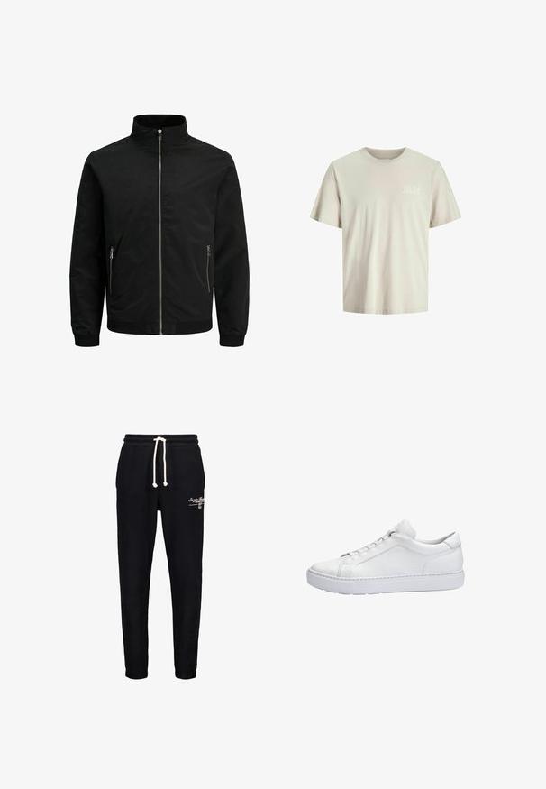 Schwarze Bomberjacke aus leichtem Stoff, mit hohem Kragen, Frontreißverschluss und zwei seitlichen Reißverschlusstaschen. Mit Dehnbündchen.; Helle beige Baumwoll-T-Shirt mit kurzen Ärmeln und Rundhalsausschnitt. Mit einem subtilen weißen Logo auf der linken Brustseite. Einfaches Design.; Schwarze Baumwoll-Sweatpants mit elastischem Bund, Kordelzug und Seitentaschen. Mit weißem Drucktext auf dem linken Oberschenkel.; Weißer Leder-Sneaker in niedrigem Schnitt mit dicker Sohle, Schnürverschluss und minimalen Nahtdetails, seitlich auf weißem Hintergrund gezeigt.