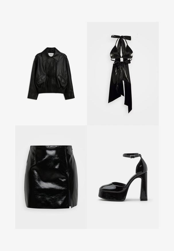 Chaqueta de cuero sintético negro con gran cuello, botones de presión, dos bolsillos frontales inclinados, cintura elástica y mangas largas sobre un fondo blanco.; ÚCHÈ By Amber BOWKINI - Top - black; Minifalda negra hecha de material brillante. Cuenta con una cremallera lateral y una abertura en el lado derecho para un detalle y diseño adicionales. Textura suave.; Zapatos de tacón de charol negro con plataforma y correa al tobillo, punta redondeada y tacón cuadrado, que muestran una textura lisa y brillante.