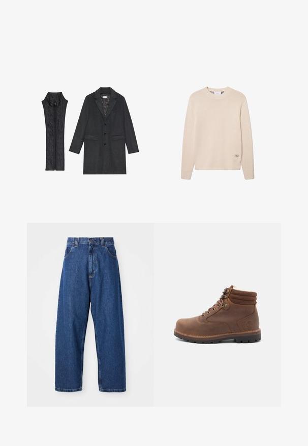 Mørkegrå uldfrakke med indsiddende krave, frontlommer og tre knapper, parret med en sort quiltet vest med høj krave og lynlås.; Beige strikket sweater med rund hals, ribbede manchetter og kant, der har diskret logo brodering nederst til venstre. Blød tekstur.; Denimwide-leg jeans i mørkeblå. Har høj talje, bæltestropper og klassisk fem-lommers design. Syet kant med en ren finish.; Brune læder ankelstøvle med polstret krave, snørebåndsfor- og slidstærk sål samt fleecefor, designet til vandtæt udendørs brug.
