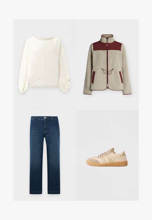 Veste en polaire sherpa beige avec renforts d’épaule bordeaux, fermeture zippée devant, col haut, taille ajustable par cordon et poches et bords bordés de bordeaux.; Pull-over à manches longues couleur crème avec un col rond, une couture centrale, des poignets bouffants et un texte de logo subtil sur le poignet de la manche droite.; Jean denim bleu foncé à jambes droites avec fermeture avant par bouton et zip, passants pour ceinture, et légère décoloration sur les cuisses.; Baskets beiges combinant du daim et un tissu texturé, avec une semelle en gomme et des rayures beiges contrastantes. Bout rond et design à lacets.
