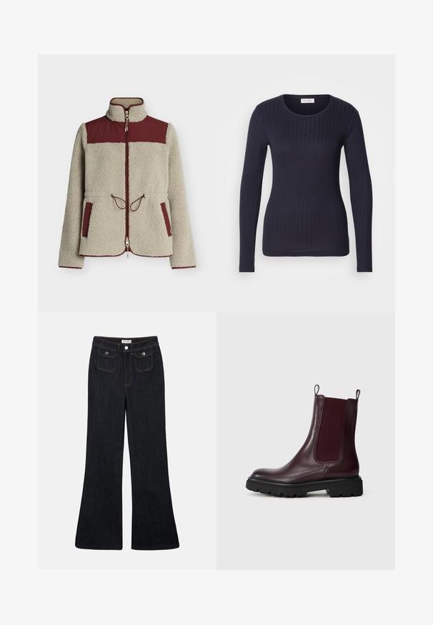 Beige sherpa fleecejakke med vinrød skulderlap, lynlås foran, høj krave, snøre i taljen og lommer samt kanter med vinrød kant.; Marineblå langærmet ribbet top med rund hals. Fremstillet af blødt stof, har den et tætsiddende design og en subtil tekstur hele vejen igennem.; Sorte denim jeans med høj talje, flared ben, to frontlommer og orange syninger. Materialet ser solidt og glat ud.; Bordeaux læder chelsea støvler med elastiske sidepaneler, tekstureret sort gummisål og trekhåndtag for nem påtagning.