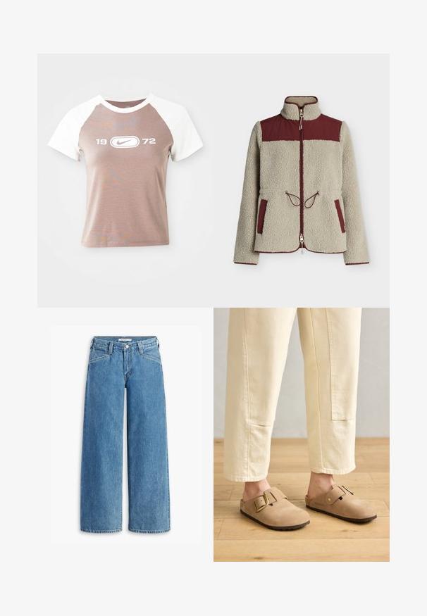 Beige Sherpa-Fleecejacke mit dunkelrotem Schulterpatch, Reißverschluss vorne, hohem Kragen, Taillenzug und Taschen sowie Kanten mit dunkelrotem Besatz.; Kurzarm-T-Shirt mit einem hellbraunen Körper und weißen Raglanärmeln, das ein großes weißes Grafiklogo und das Jahr "1972" in der Mitte auf der Vorderseite zeigt.; Hellblau weite Jeans aus Denim, mit hoher Taille, fünf Taschen und einem klassischen Knopfverschluss. Gerader Schnitt vom Oberschenkel bis zum Saum.; Tanfarbene Wildleder-Clogs mit einem breiten Riemen und einer goldenen Schnalle, strukturierten Oberfläche und brauner Gummisohle; getragen mit lockeren, elfenbeinfarbenen, schmal zulaufenden Hosen.