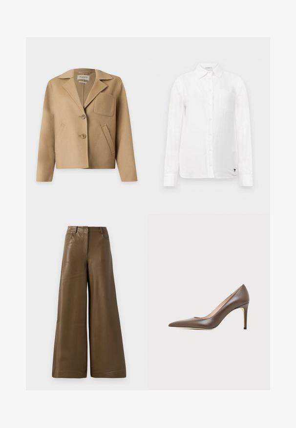 Beige wollen jas met brede revers, twee knopen aan de voorkant, een borstzak en twee schuine zijzakken.; Witte langekleurige blouse met een knoopsluiting kraag, een enkele borstzak en subtiele textuurstof. Bevat een zwart geborduurd logo detail.; Brede broek van glad, bruin faux leder. Heeft een hoge taille, vier zakken en een rits aan de voorkant. Voorzien van een vlakke textuur en minimalistisch design.; Bruine leren pump met spits toelopende neus, slanke naaldhak en een gladde afwerking op een lichte achtergrond.