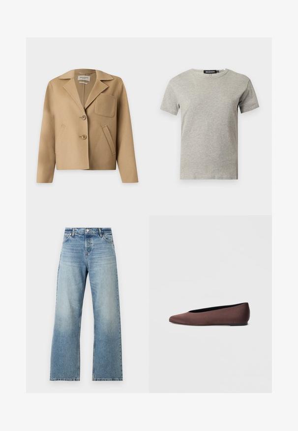 Veste en laine beige avec larges revers, deux boutons sur le devant, une poche plaquée poitrine et deux poches latérales inclinées.; T-shirt en coton gris clair à manches courtes et col rond avec une étiquette noire visible à l'intérieur du col indiquant "DENIM" et la taille "S."; Jean droit bleu clair avec un lavage délavé et un design classique à cinq poches, bouton à l'avant et passants de ceinture.; Ballerines en tissu marron avec un bout pointu et une texture lisse, dotées d'un talon bas et d'une fine semelle noire. Aucune motif ni élément métallique visible.