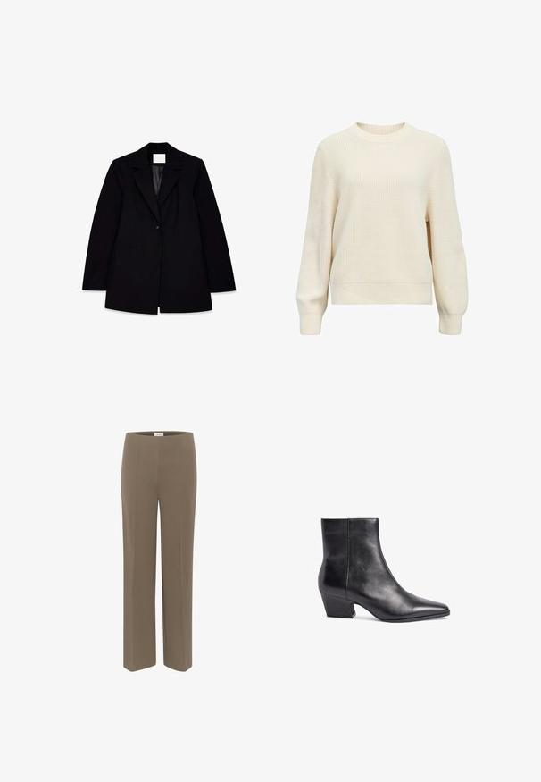Sort blazer med spidse revers, enkelt knaplukning, to forlommer og en glat indre foring, med en skræddersyet pasform.; Kremfarvet sweater lavet af struktureret strikstof, med rund hals, lange ærmer og ribstrikkede manchetter og kant. Enkel, ensfarvet design.; Brune bukser lavet af glat stof, med et lige ben design, flad talje og uden synlig hardware eller detaljer.; Sorte læder ankelstøvler med spids tå, mellemhøj blokhæl og glat tekstur. Har et minimalistisk design uden synligt hardware.