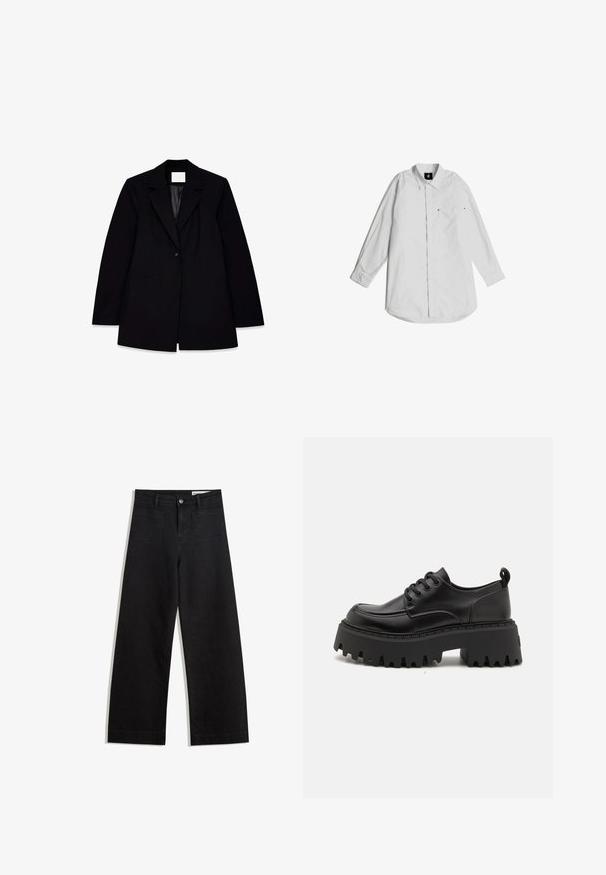 Zwarte blazer met een geknipt revers, enkele knoopsluiting, twee voorzakken en een gladde binnenvoering, met een getailleerde pasvorm.; Witte blouse met lange mouwen van lichtgewicht katoen. Heeft een kraag met knopen, een voorkastje en subtiele stikdetails.; Zwarte denim broek met wijde pijpen en een hoge taille, voorzien van voor- en achterzakken, gestikte naden en een knoopsluiting. Gladde textuur.; Zwarte leren platform schoenen met een dikke, ribbelige rubberen zool en zes veterogen. Voorzien van een ronde neus en een hieltab voor gemakkelijk aan- en uittrekken.