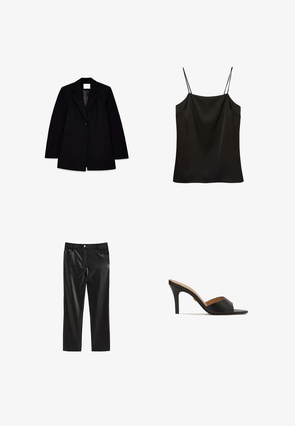 Sort blazer med spidse revers, enkelt knaplukning, to forlommer og en glat indre foring, med en skræddersyet pasform.; Sort satin camisole top med tynde dobbelte spaghetti stropper og en lige udskæring.; Sorte bukser i imiteret læder med lige ben, der har lukning med knapper foran og to sidelommer. Glat tekstur med en skinnende finish.; Sorte åbne højhælede mules med en glat læderoverdel, mandelformet forparti og en slank stilettohæl. Detaljer i guldfarve er synlige.