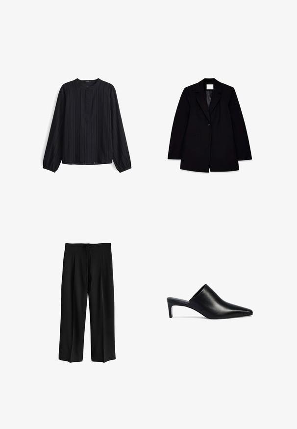 Zwarte blazer met een geknipt revers, enkele knoopsluiting, twee voorzakken en een gladde binnenvoering, met een getailleerde pasvorm.; Zwarte lange mouwen shirt met verticale ribbelstructuur, ronde halslijn en knoopsluiting. Zachte stof met een iets losse pasvorm.; Zwarte broek met wijde pijpen, losse pasvorm, elastische tailleband en trekkoord, getoond tegen een witte achtergrond.; Zwarte leren mule met een puntige neus en een lage, slanke hak, zijaanzicht op een witte achtergrond.